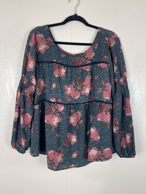 Knox Rose Women's Scoop Neck Floral Tiered Tunic - Pink Floral and dark Gray